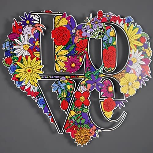 אהבה על פרחים UV מודפסת על אמנות קיר מתכת | אהבת קיר אמנות שלט מתכת | סימן בצורת לב | מתנה ליום האהבה